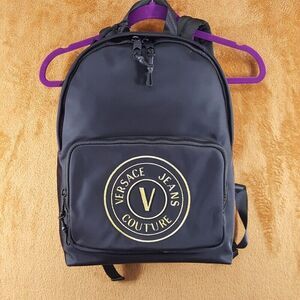 VERSACE Backpack Black Nylon V Emblem Gold Logo Unisex $325
